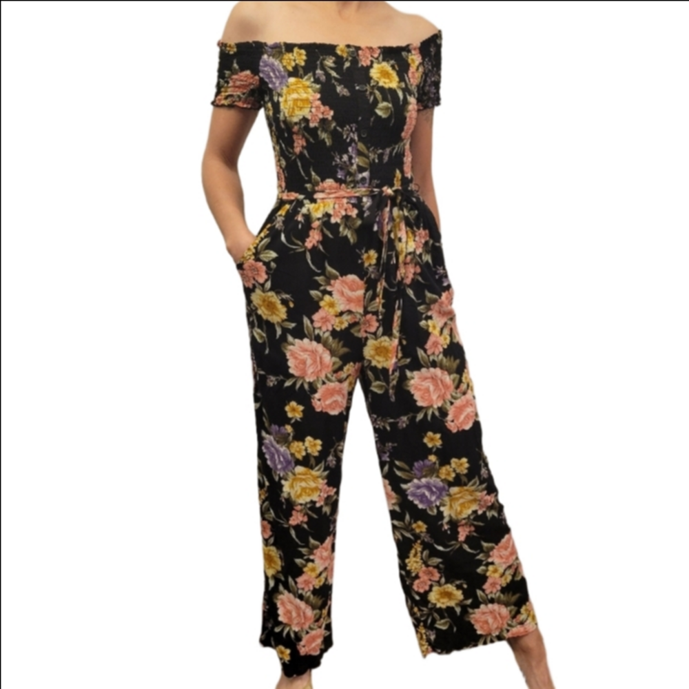Navena Rae Black and Floral Smocked Jumpsuit size medium